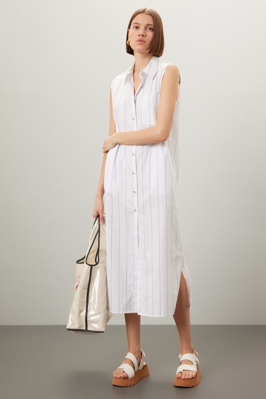 DONNI White Blue Striped Sleeveless Collared Neckline Button Front Dress Size L